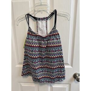 Next Stretch Racer Back Tankini Swim Top XL Double Strap Blue Black UPF 50 New